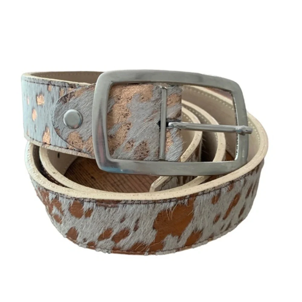 LEOPARDO Cowhide Hair-on-Hide Belt Metallic Copper Speckle Leather Handmade 34